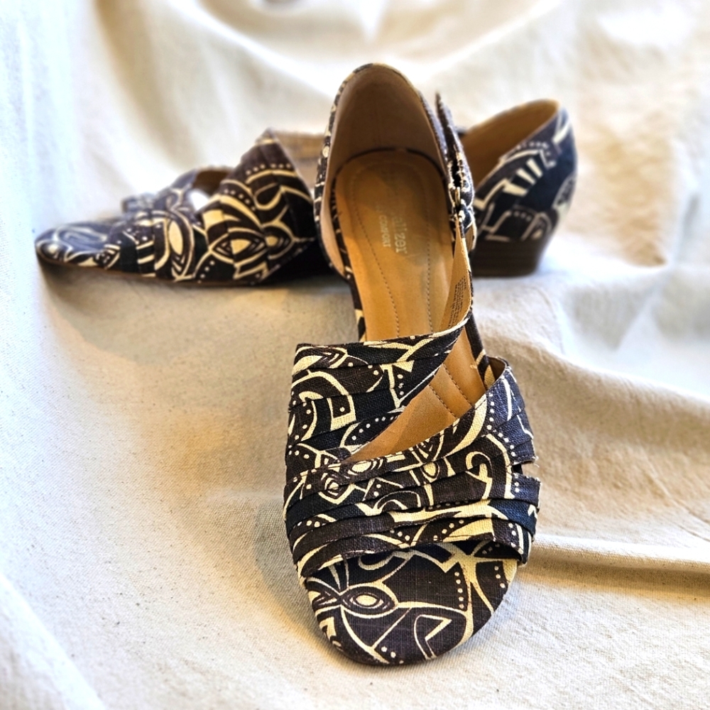 NATURALIZER N5 COMFORT JANE BLACK BROWN IVORY FABRIC OPEN TOE WEDGE SHOE 10W